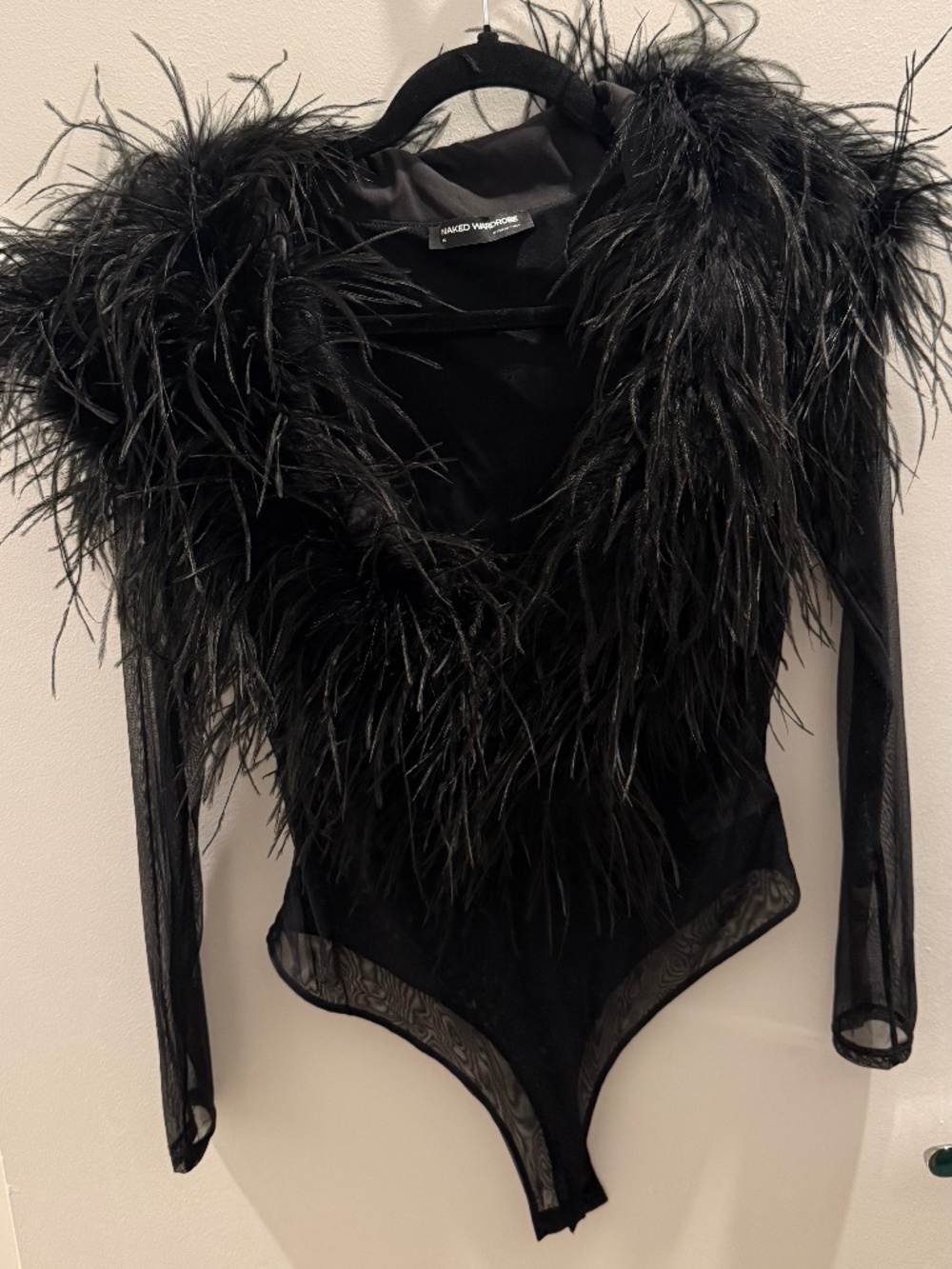 Naked Wardrobe Black Mesh Feathers V-Neck Bodysuit Medium Worn Once Mint